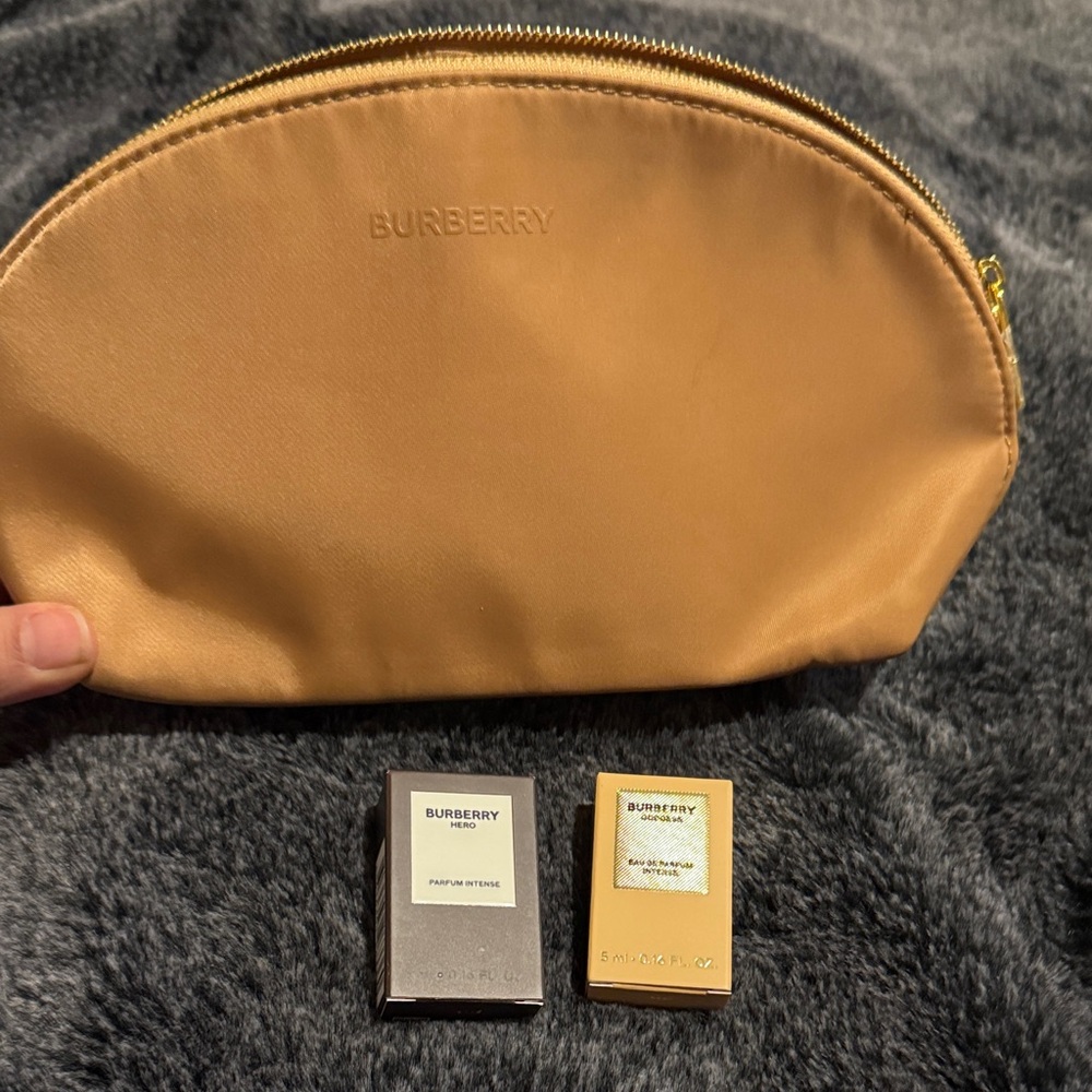 Burberry Camel Pouch with Gold Accents and 2 mini Parfums Goddess and Hero